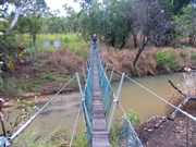 Swinging bridge at start of walk to falls
