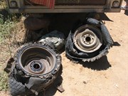 Shredded trailer tyres due to shackle failure