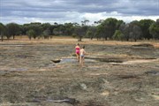 A large area of flat rock with scattered rock pools after rain