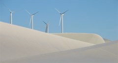 Brown Hill Range wind farm - Working turbines above blades in storage yard