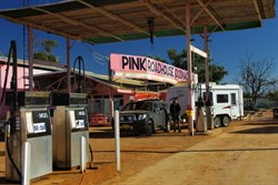 filling up the thirsty Navara at Oodnadatta Pink Roadhouse