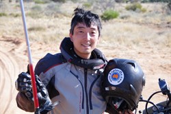 Hideya proudly displaying his EO Sticker