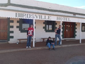 Johnno, JB and Riley outside the Birdsville Hotel