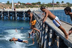 Jumping in style from the Moonta Bay Jetty - Camera: NIKON CORPORATION NIKON D7000 Taken: 26 Jan 2012