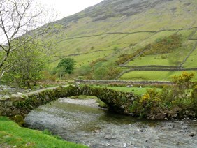 tiny bridge with rock walls